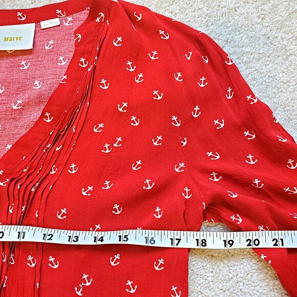 Maeve Red Anchor Print Long Sleeve Button Up Blouse Top Women's Sz 10 Pintucking - Picture 7 of 8